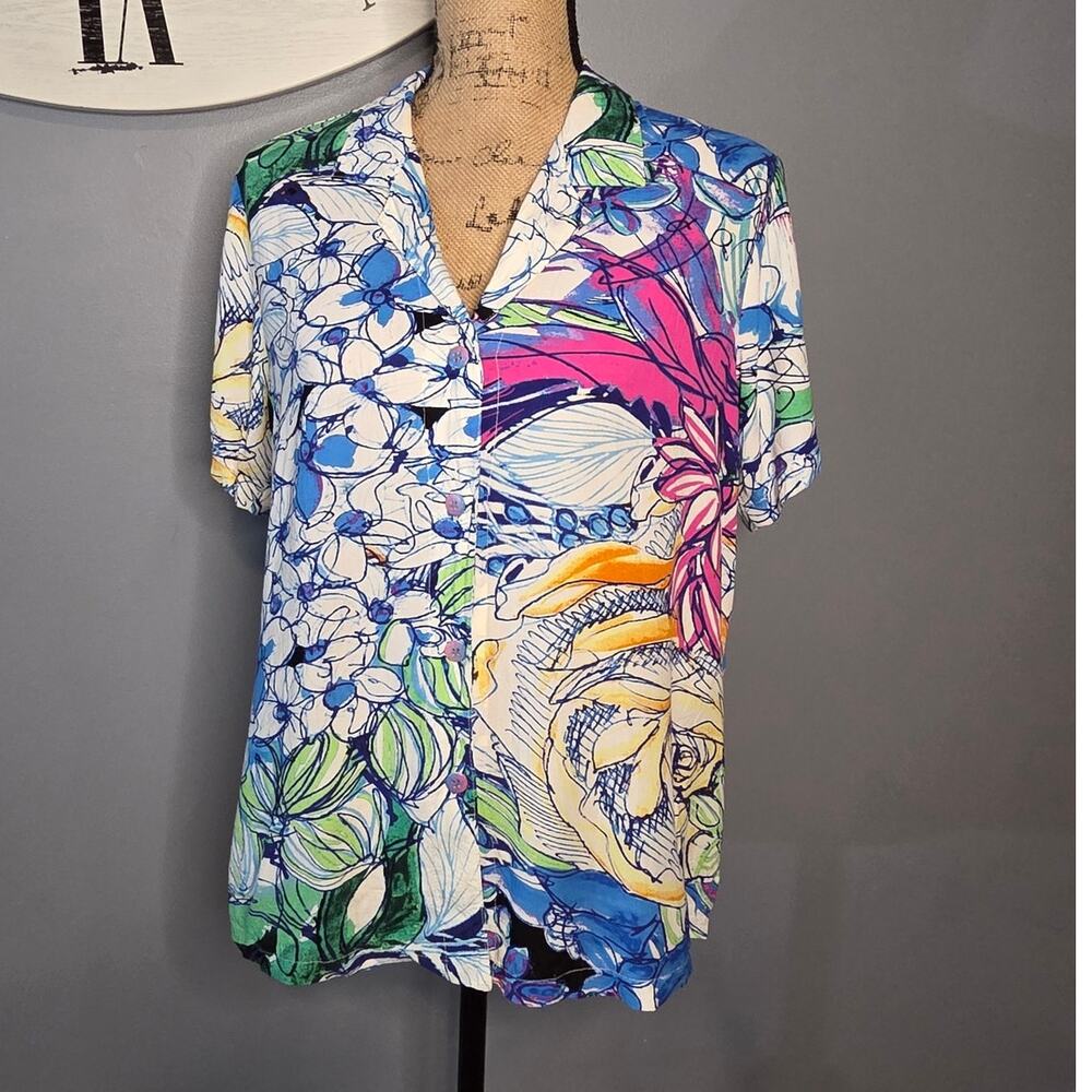 Jams World vtg floral button up top womens short sleeves vibrant abstract M